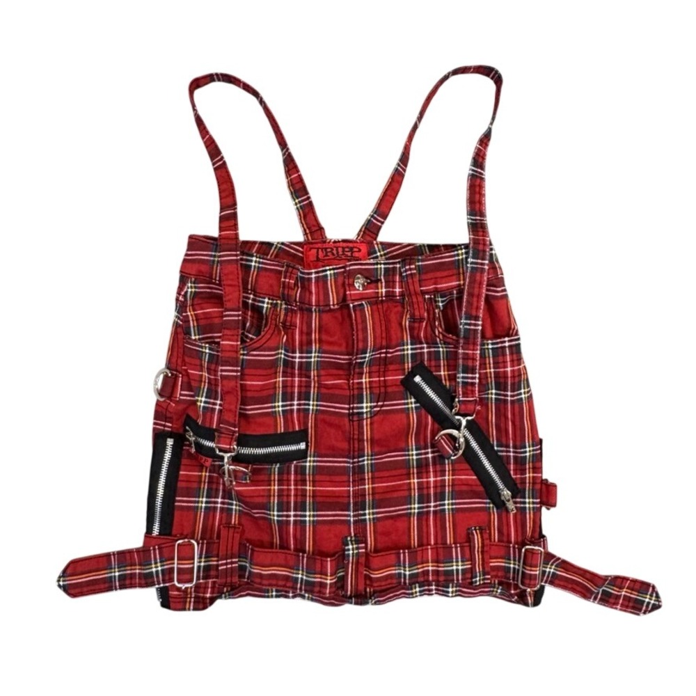 Tripp NYC Red Plaid Suspender Mini Skirt Punk Goth Zippers Straps Small